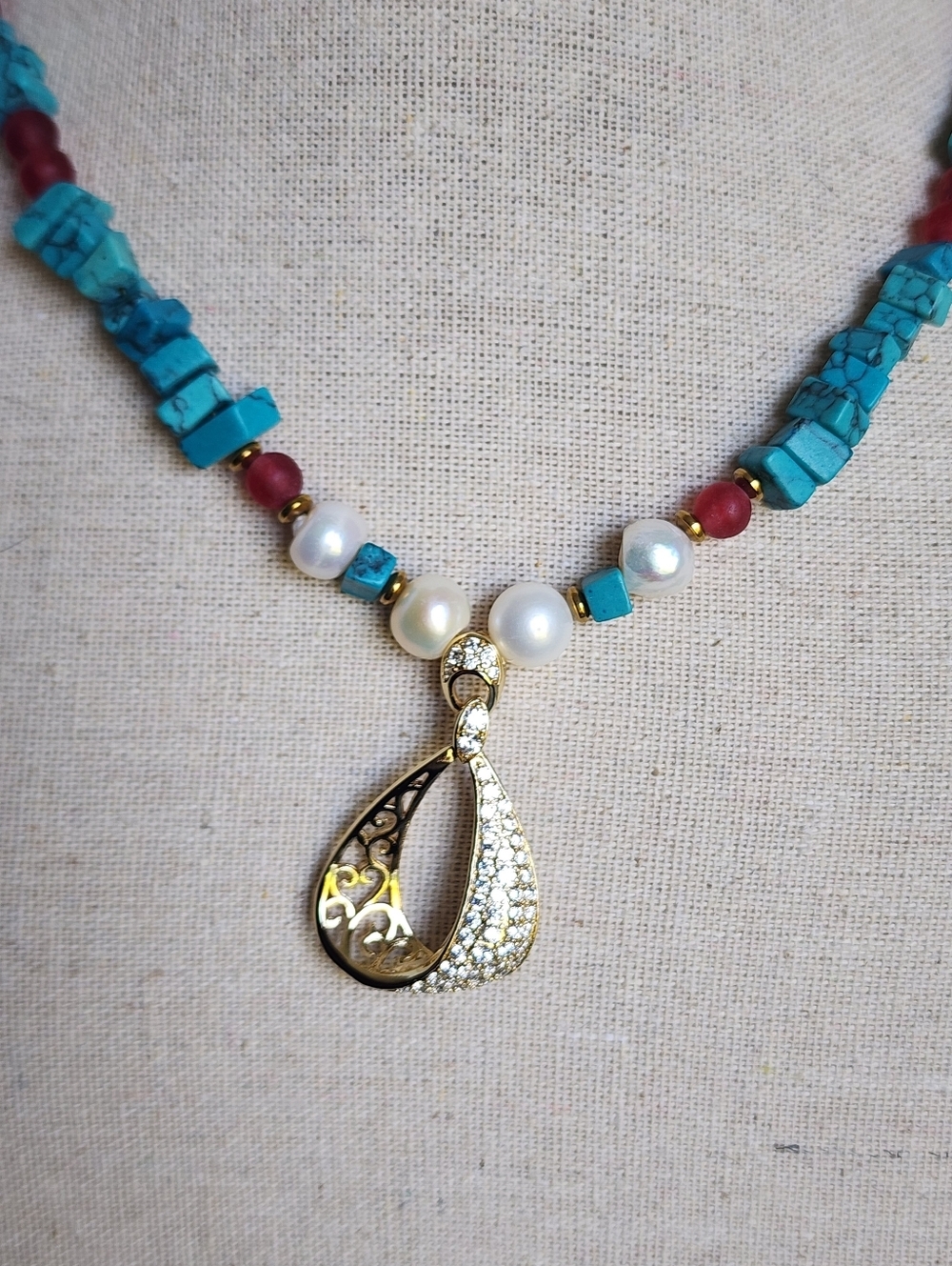 Handmade Gold Filled Beaded Necklace 20" Turquoise Pearl Statement Pendant - Picture 2 of 4